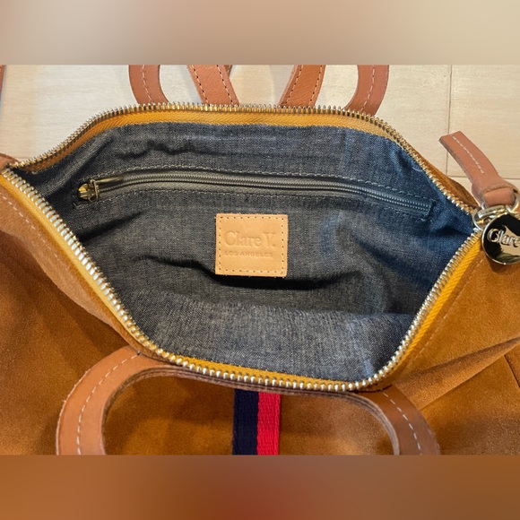 Clare V Marcelle Backpack in Camel Suede w/ Navy & Red Stripes - Picture 13 of 14